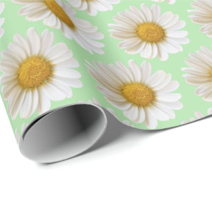 White Daisies Pattern Light Sage Green Wrapping Paper