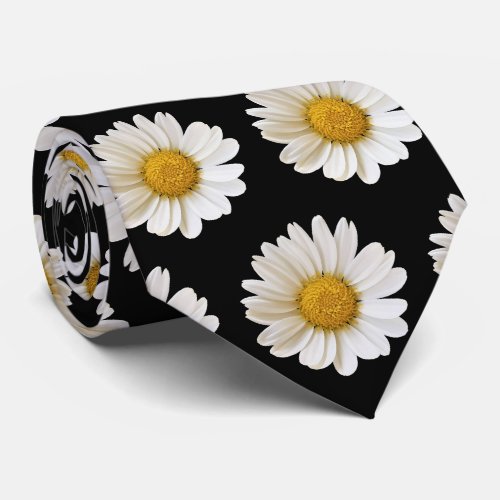 White Daisies Pattern on Black Neck Tie