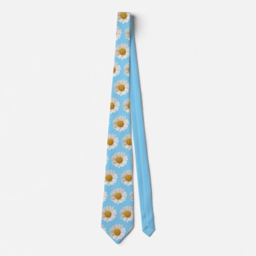 White Daisies Pattern on Light Blue Neck Tie