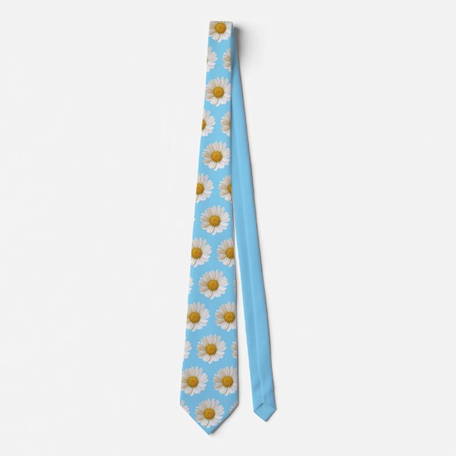 White Daisies Pattern on Light Blue Neck Tie (Front)