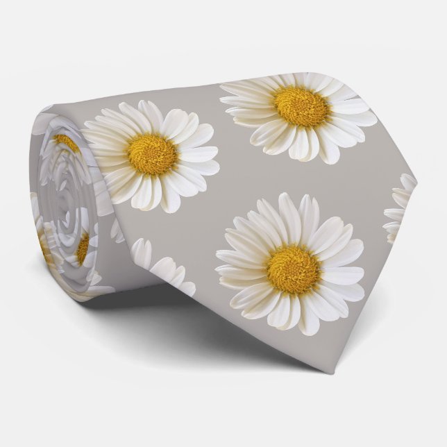 White Daisies Pattern on Light Gray Neck Tie (Rolled)