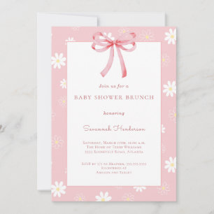 White Daisies Pink Bow Ribbon Baby Shower Brunch  Invitation