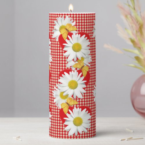 White Daisies Red Hearts and Butterflies Pillar Candle