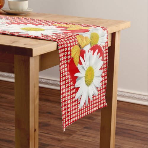 White Daisies Red Hearts and Butterflies Short Table Runner