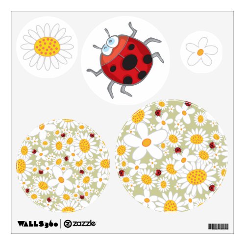 White Daisies Spring Flowers Cute Red Ladybugs Wall Decal