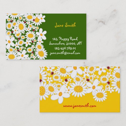Whimsical White Daisies Spring Flowers Ladybugs Business Card
