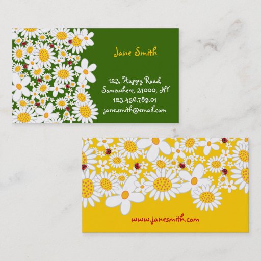 Customizable Whimsical White Daisies Spring Flowers Ladybugs Business Card