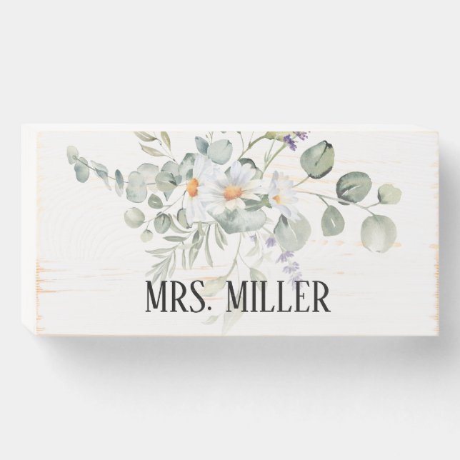 White Daisies Teacher Name Classroom Wooden Box Sign (Front Horizontal)
