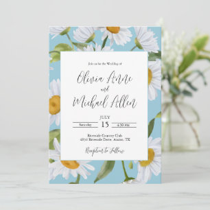 White Daisies Watercolor Blue Wedding Invitation