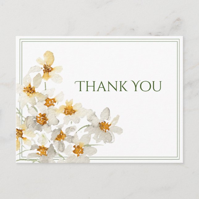 White Daisies Watercolor Budget Thank You Postcard (Front)