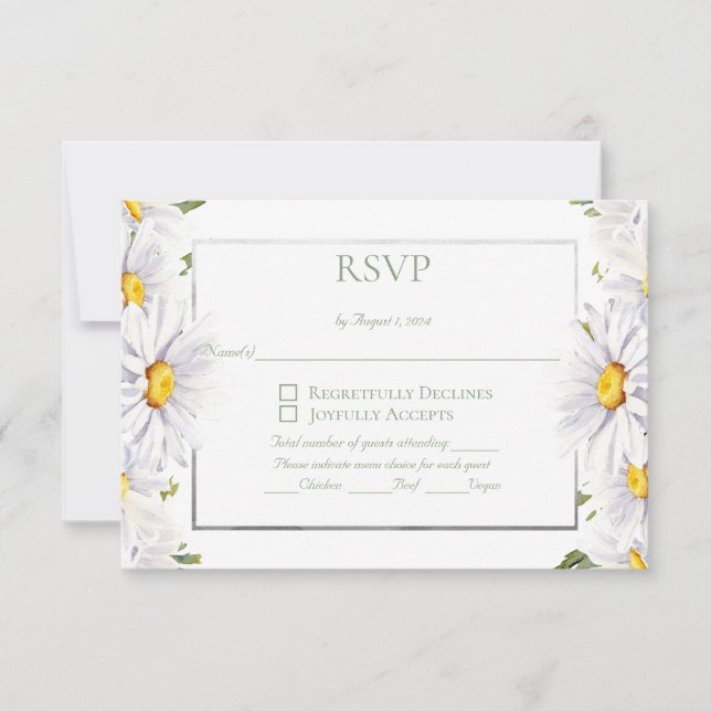 White Daisies Watercolor Floral with Silver RSVP Card (Front)