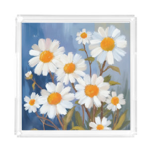 White Daisies Watercolor Flowers Painted Acrylic Tray