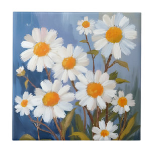White Daisies Watercolor Flowers Painted Ceramic Tile