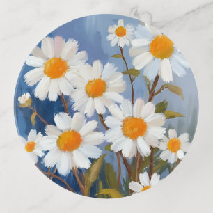 White Daisies Watercolor Flowers Painted Trinket Tray