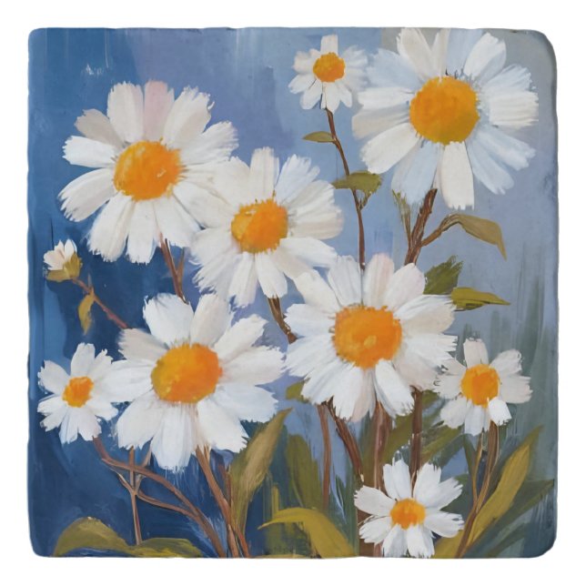 White Daisies Watercolor Flowers Painted Trivet (Front)