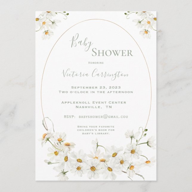 White Daisies Watercolor Sage Baby Shower  Invitation (Front)