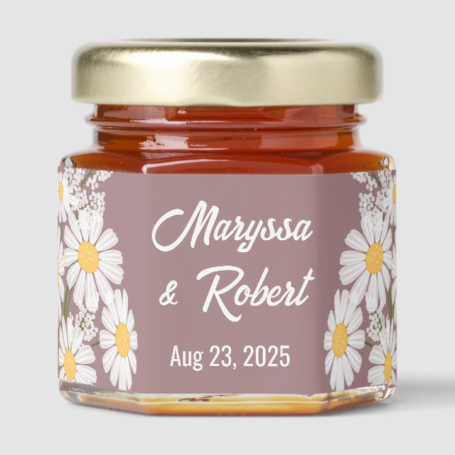 White Daisies Wedding Anniversary Rosy Brown Honey Jar Favors (Front)