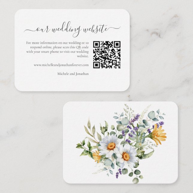 White Daisies Wedding RSVP Details QR Code Enclosure Card (Front/Back)