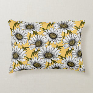 White daisies, wild flowers on yellow accent pillow