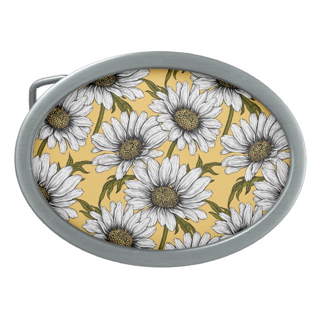 White daisies, wild flowers on yellow belt buckle (Front)