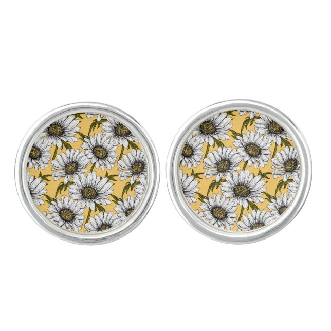 White daisies, wild flowers on yellow cufflinks (Front)
