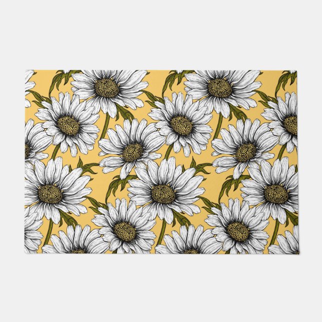 White daisies, wild flowers on yellow doormat (Front)