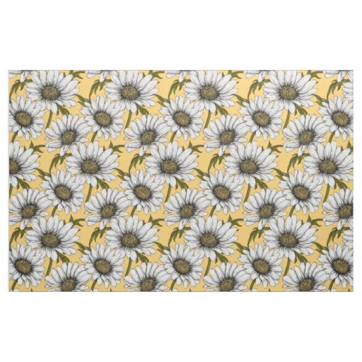 White daisies, wild flowers on yellow fabric