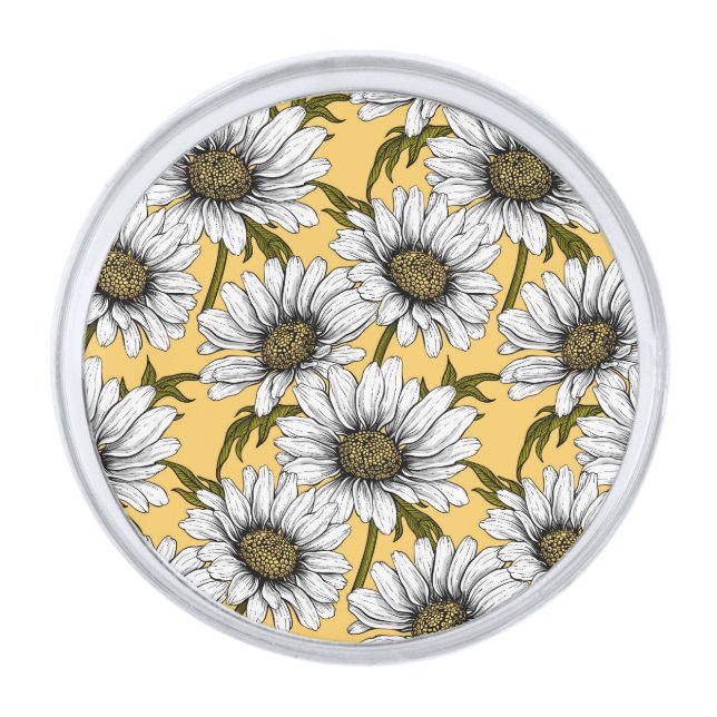White daisies, wild flowers on yellow silver finish lapel pin (Front)