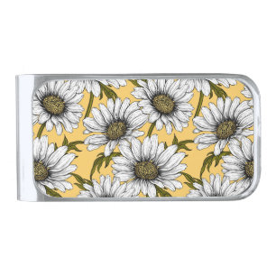 White daisies, wild flowers on yellow silver finish money clip