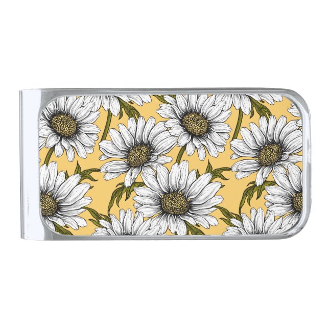 White daisies, wild flowers on yellow silver finish money clip (Front)