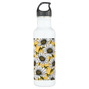 White daisies, wild flowers on yellow stainless steel water bottle