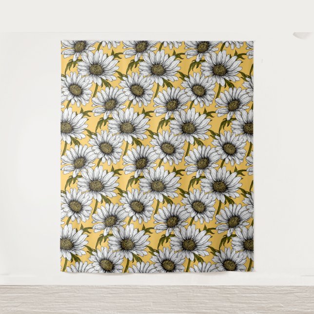 White daisies, wild flowers on yellow tapestry (Front)