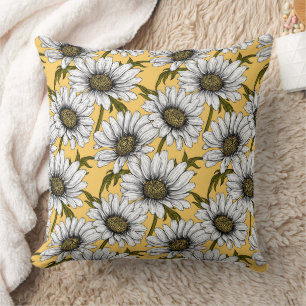 White daisies, wild flowers on yellow throw pillow