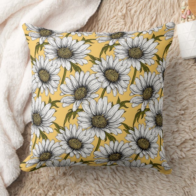 White daisies, wild flowers on yellow throw pillow (Blanket)