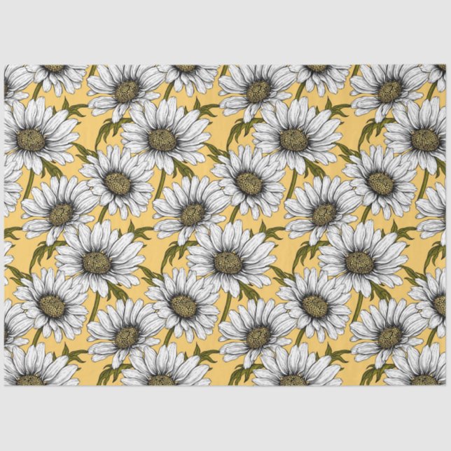 White daisies, wild flowers on yellow tissue paper (Front)