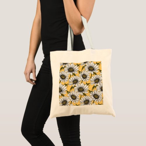 White daisies wild flowers on yellow tote bag