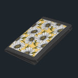 White daisies, wild flowers on yellow trifold wallet<br><div class="desc">Hand drawn vector pattern with white daisy flowers</div>