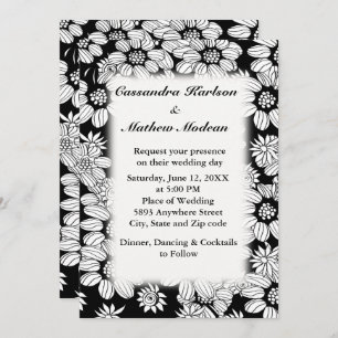 White Daisies with Black Background Wedding Invitation