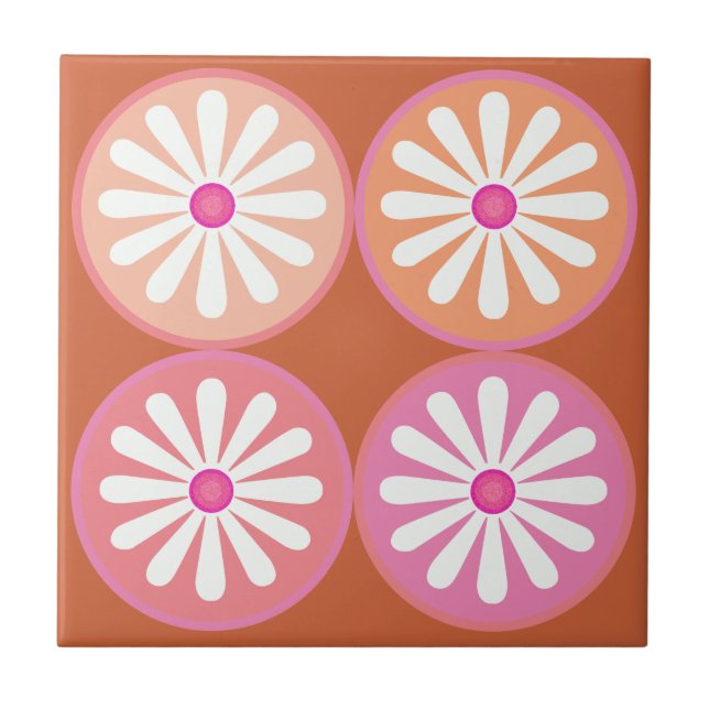 White daisies with pink circles on moderate orange ceramic tile (Front)
