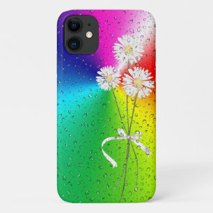white daisies with raindrops on rainbow iPhone 11 case