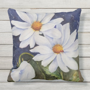 WHITE DAISIES with WHITE SWEET PEA FLOWER PATIO Outdoor Pillow