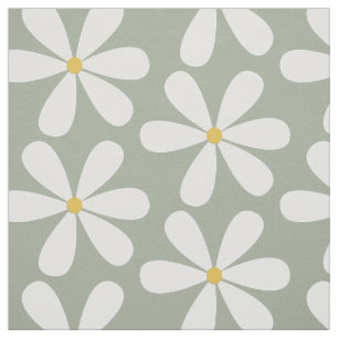 White daisies with yellow centers on moss gray fabric