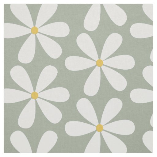 White daisies with yellow centers on moss gray fabric