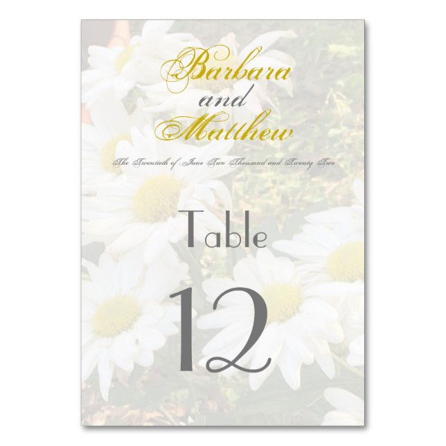 White Daisies Yellow and Gray Script Elegant Table Number (Front)
