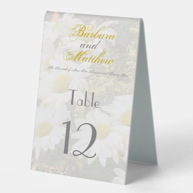 White Daisies Yellow and Gray Script Elegant Table Tent (Front)