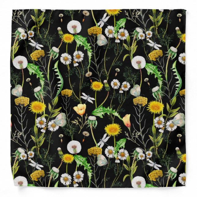 White Daisies Yellow Dandelions Botanical Pattern Bandana (Front)