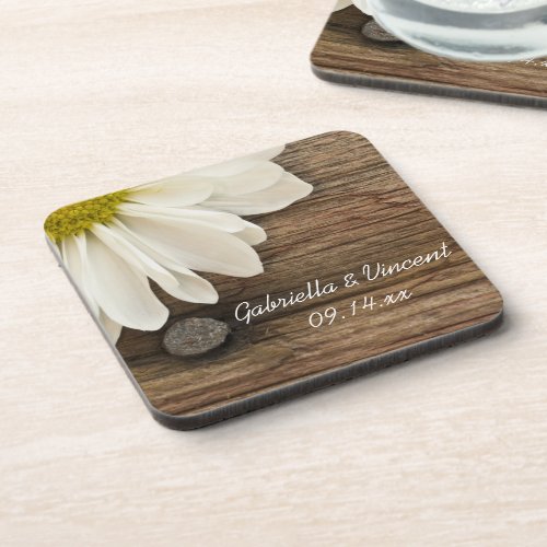 White Daisy and Barn Wood Country Wedding Beverage Coaster