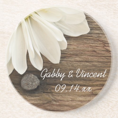 White Daisy and Barn Wood Country Wedding Drink Coaster