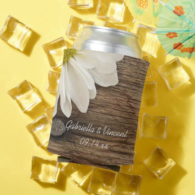 White Daisy and Barn Wood Country Wedding Favor Can Cooler (In Situ Summer)