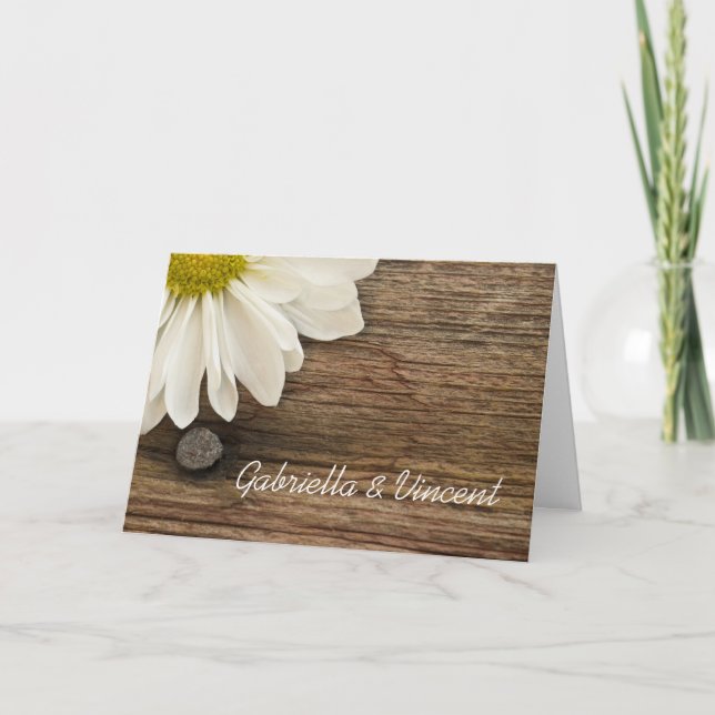 White Daisy and Barn Wood Country Wedding Invitation (Front)